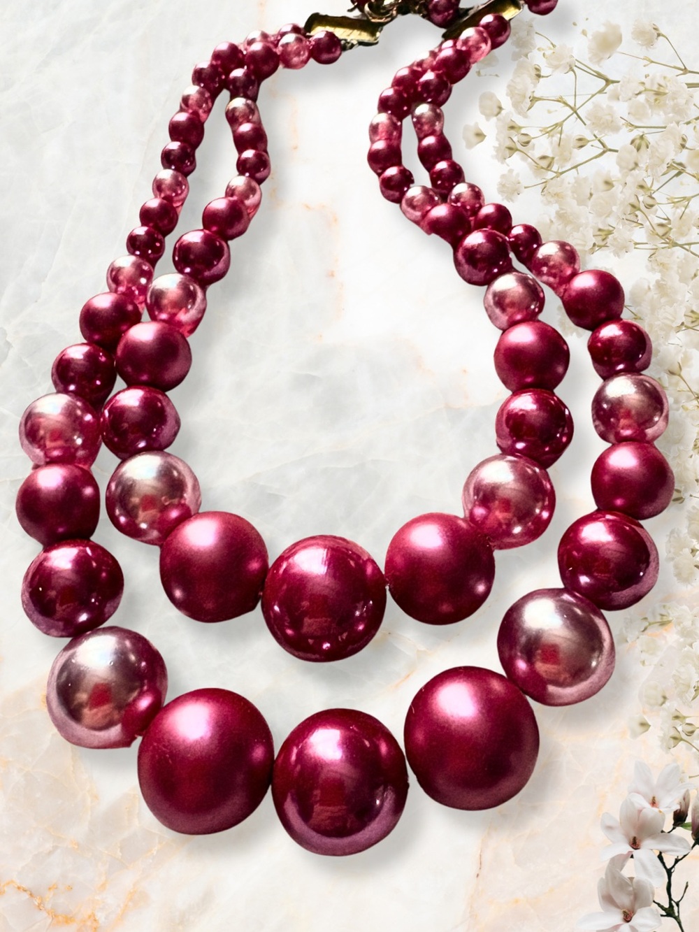 VINTAGE CHUNKY PINK NECKLACE Beaded Oversized Graduated Pearls Retro Glam Y2K